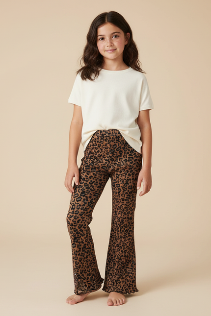 Pantalon Fluide Léopard Marron Évasé Confortable Enfant - Maille