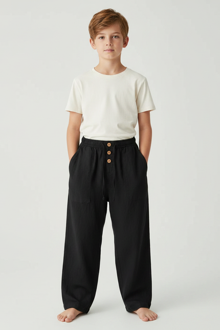 Pantalon Fluide Noir Coton Lin Décontracté Enfant