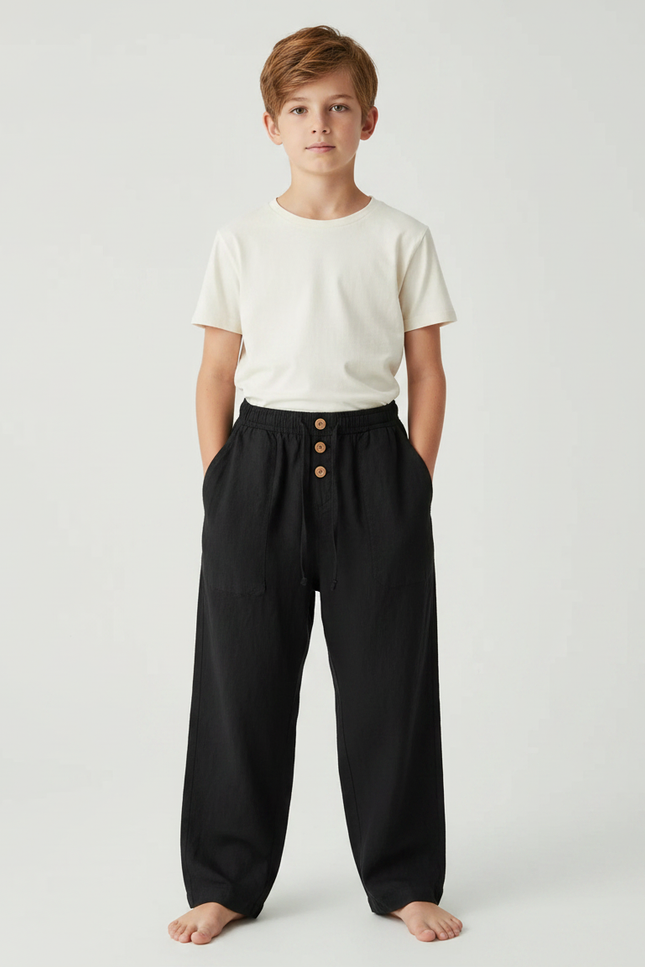 Pantalon Fluide Noir Coton Lin Décontracté Enfant