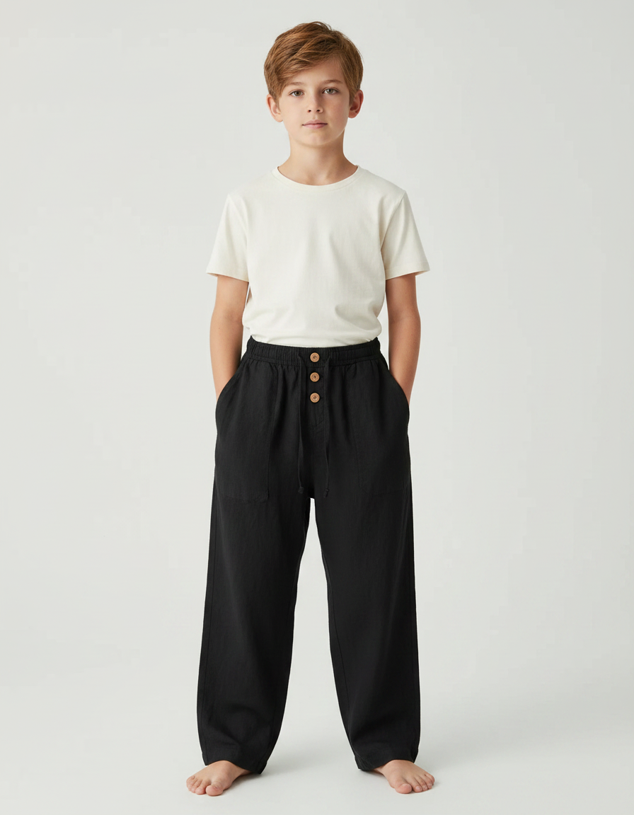 Pantalon Fluide Noir Coton Lin Décontracté Enfant