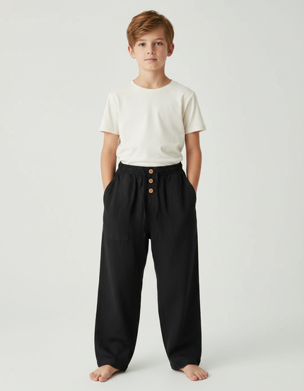 Pantalon Fluide Noir Coton Lin Décontracté Enfant