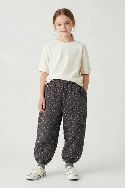 Pantalon Fluide Gris Floral Matelassé Ample Fille - Coton