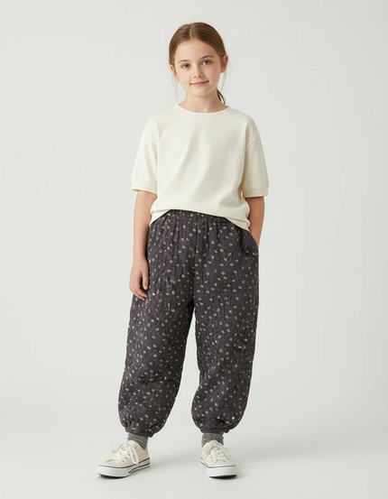 Pantalon Fluide Gris Floral Matelassé Ample Fille - Coton