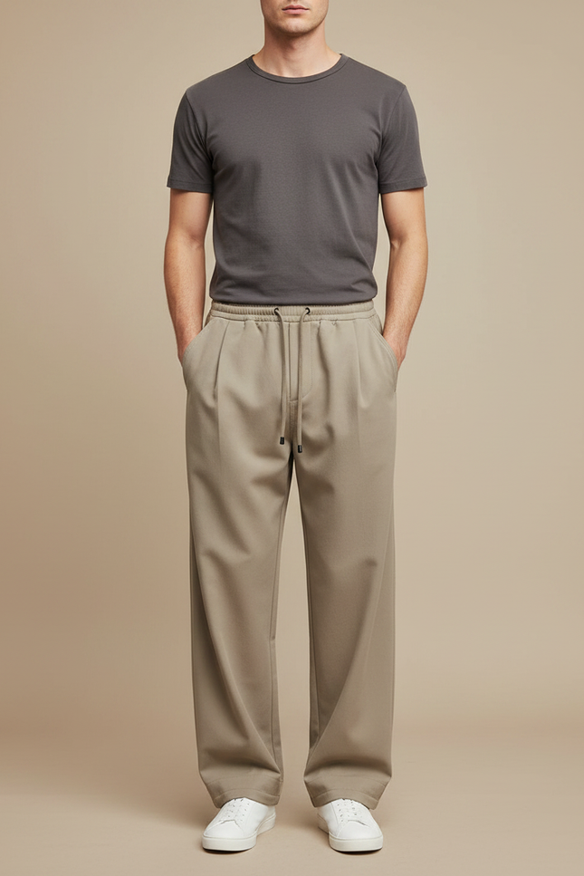 Pantalon Fluide Homme Beige Plissé Décontracté Ample - Gabardine