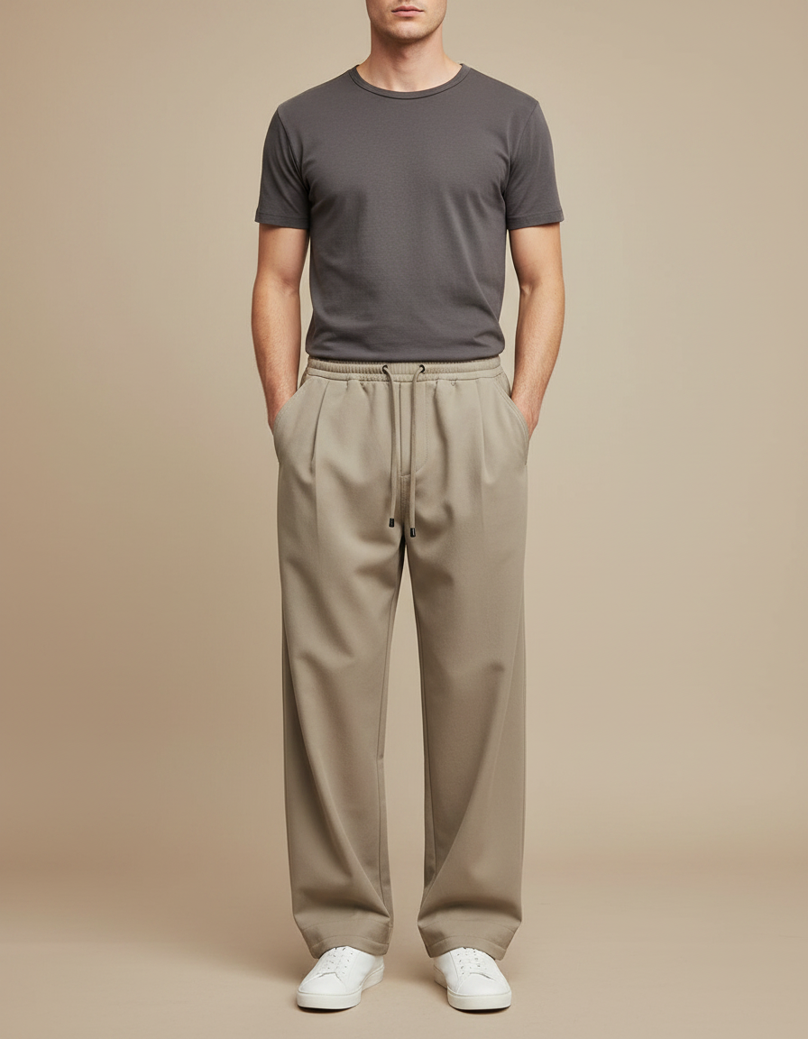 Pantalon Fluide Homme Beige Plissé Décontracté Ample - Gabardine