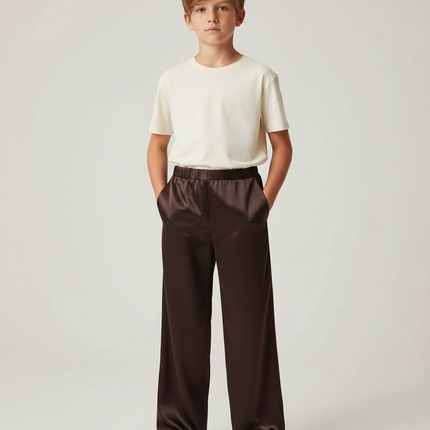 Pantalon Fluide Marron Satiné Ample Décontracté Garçon