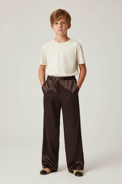 Pantalon Fluide Marron Satiné Ample Décontracté Garçon