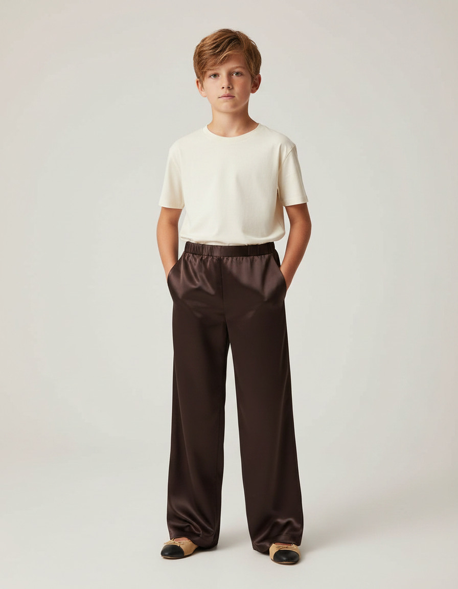 Pantalon Fluide Marron Satiné Ample Décontracté Garçon
