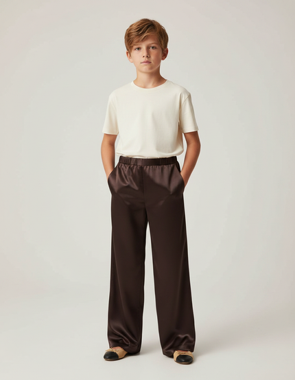 Pantalon Fluide Marron Satiné Ample Décontracté Garçon