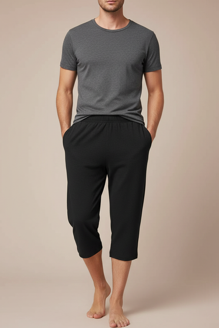 Pantalon Fluide Noir Court Homme Décontracté Coton - Molleton