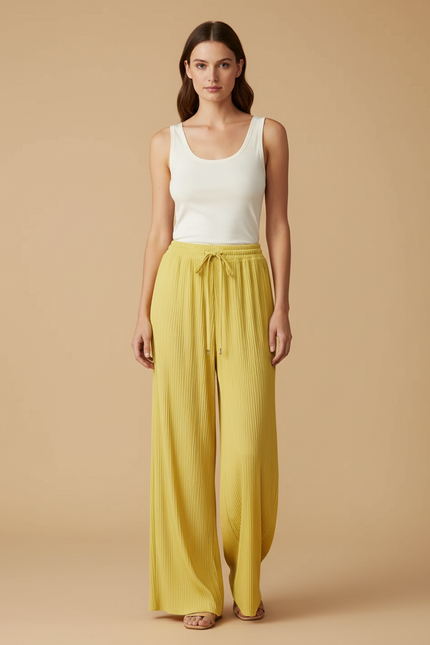 Pantalon Fluide Jaune Plissé Ample Cordon Décontracté - Polyester
