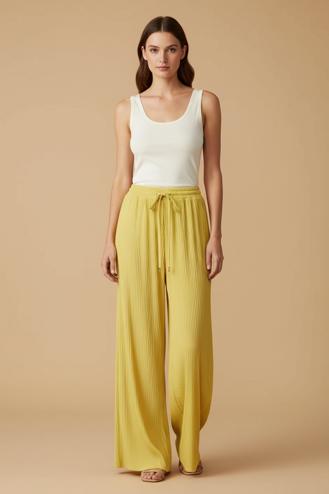 Pantalon Fluide Jaune Plissé Ample Cordon Décontracté - Polyester