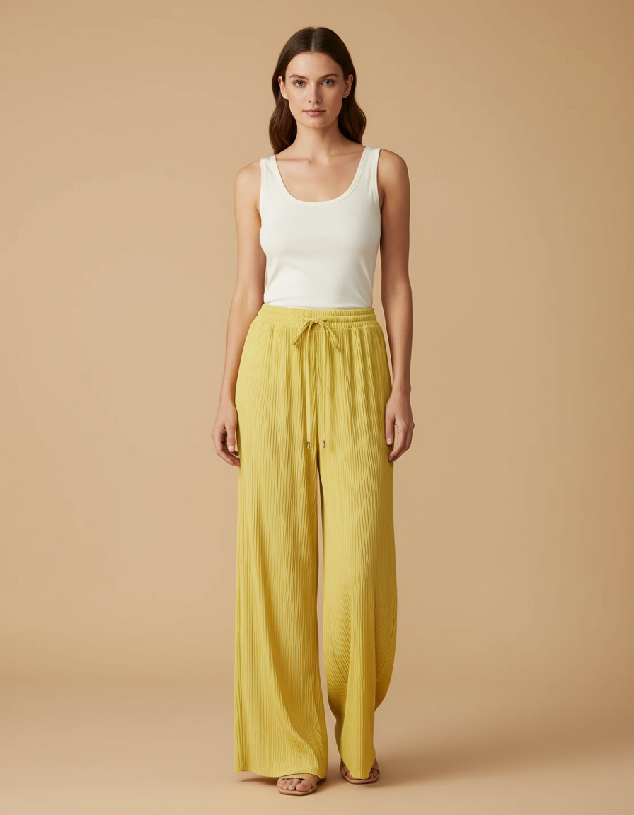 Pantalon Fluide Jaune Plissé Ample Cordon Décontracté - Polyester