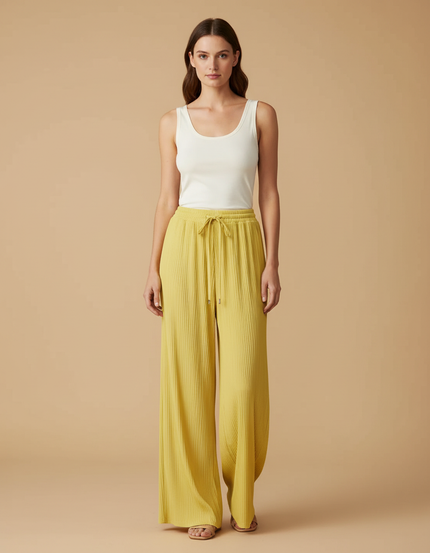 Pantalon Fluide Jaune Plissé Ample Cordon Décontracté - Polyester