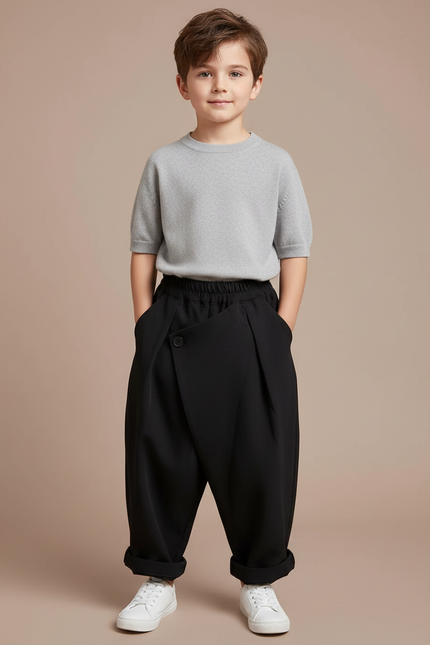 Pantalon Fluide Noir Ample Boutonné Garçon Décontracté - Polyester