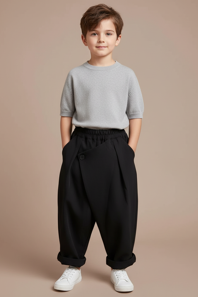 Pantalon Fluide Noir Ample Boutonné Garçon Décontracté - Polyester