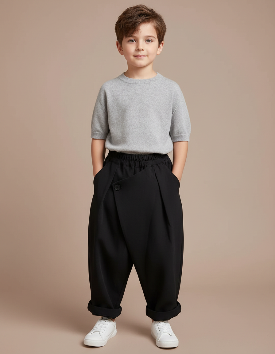 Pantalon Fluide Noir Ample Boutonné Garçon Décontracté - Polyester