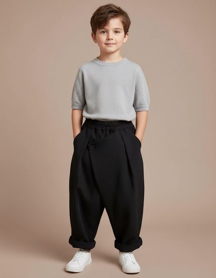 Pantalon Fluide Noir Ample Boutonné Garçon Décontracté - Polyester