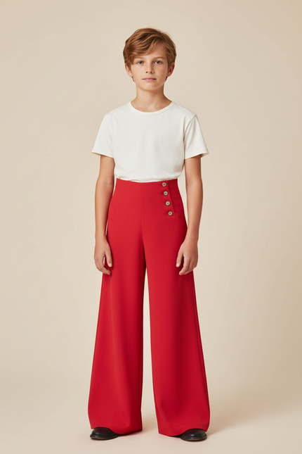 Pantalon Fluide Rouge Taille Haute Boutons Ample - Viscose