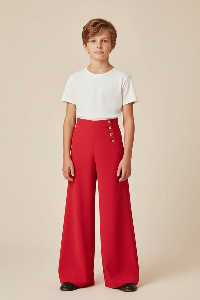 Pantalon Fluide Rouge Taille Haute Boutons Ample - Viscose