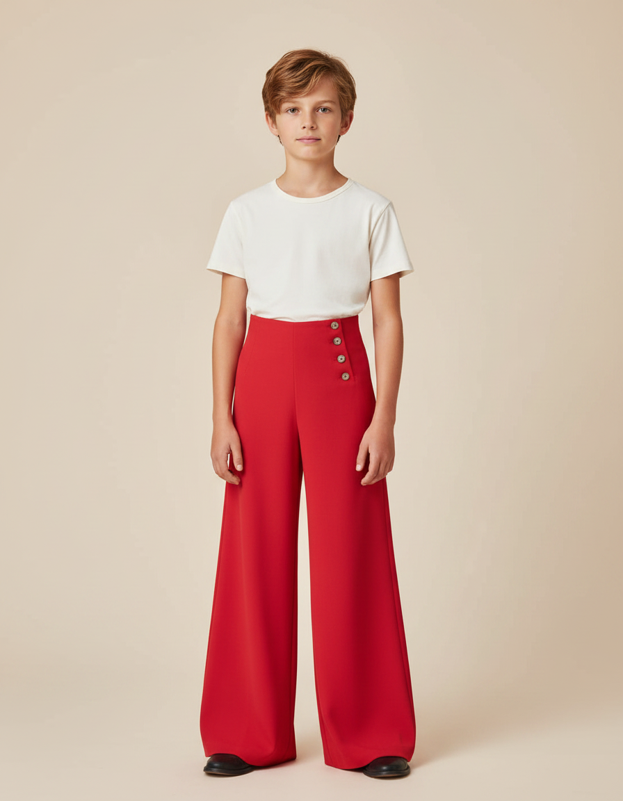 Pantalon Fluide Rouge Taille Haute Boutons Ample - Viscose