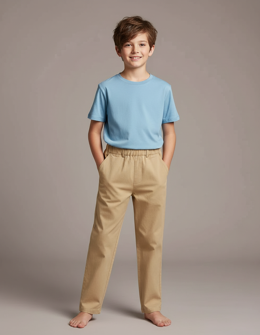 Pantalon Fluide Beige Coton Décontracté Enfant Uni