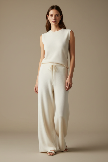 Pantalon Fluide Blanc Cassé Maille Ample Cordon Décontracté