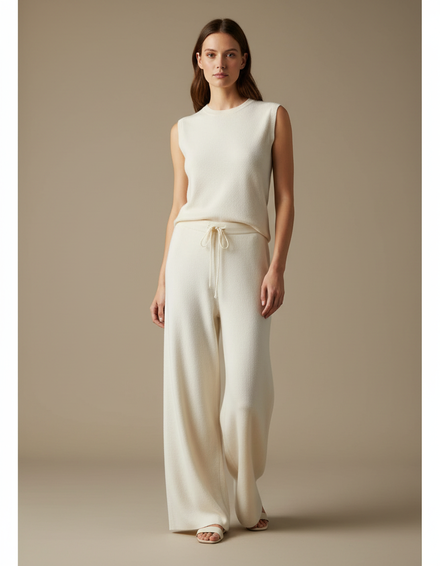 Pantalon Fluide Blanc Cassé Maille Ample Cordon Décontracté