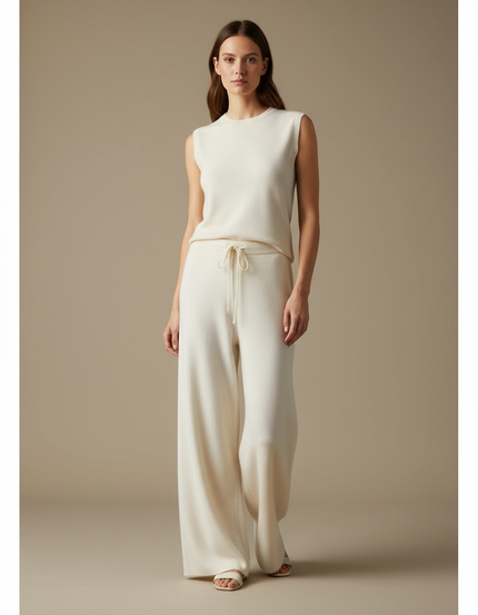 Pantalon Fluide Blanc Cassé Maille Ample Cordon Décontracté
