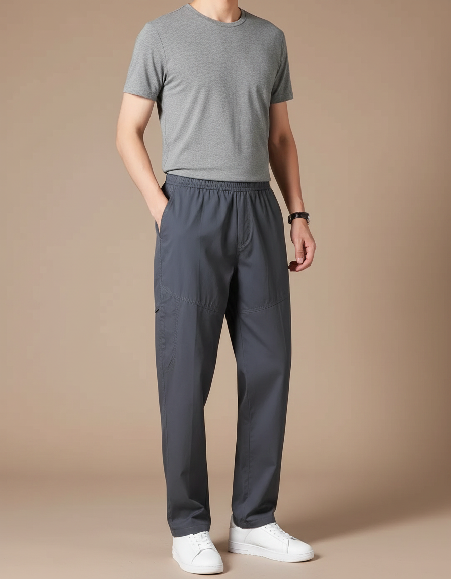 Pantalon Fluide Gris Homme Ample Décontracté Coton - Polyester