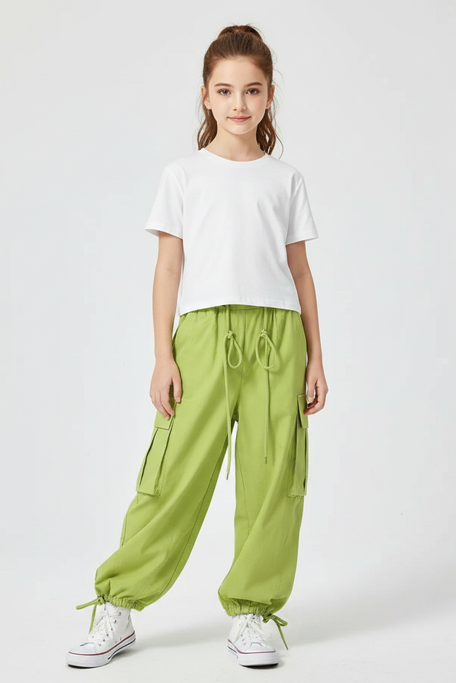 Pantalon Fluide Vert Ample Cargo Cordon Fille - Coton