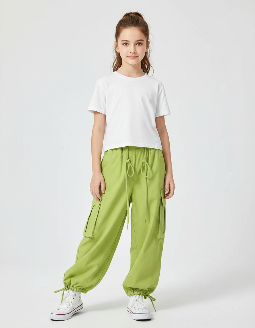 Pantalon Fluide Vert Ample Cargo Cordon Fille - Coton