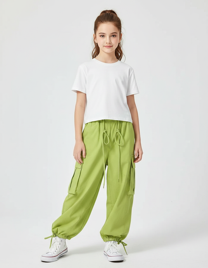 Pantalon Fluide Vert Ample Cargo Cordon Fille - Coton