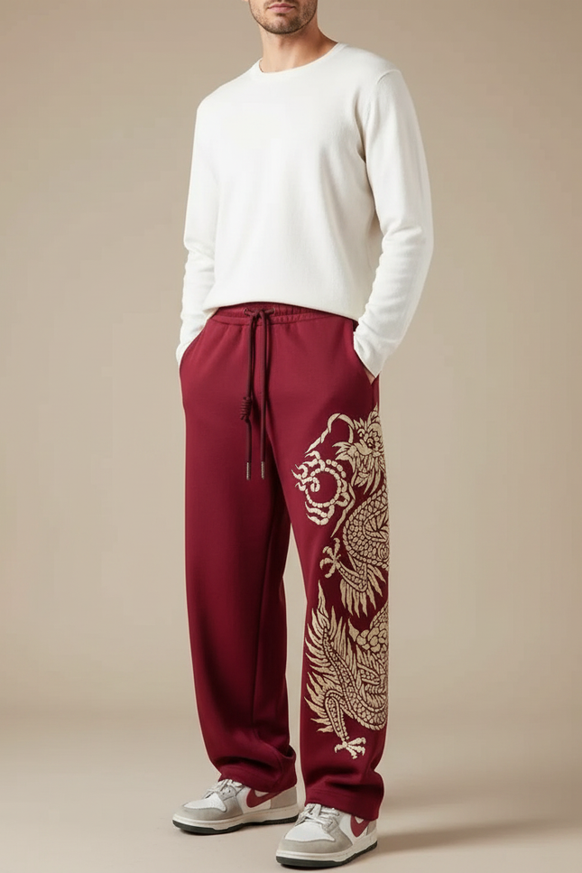 Pantalon Fluide Rouge Ample Dragon Chinois Décontracté Homme - Bordeaux Molleton