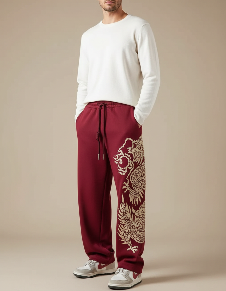 Pantalon Fluide Rouge Ample Dragon Chinois Décontracté Homme - Bordeaux Molleton
