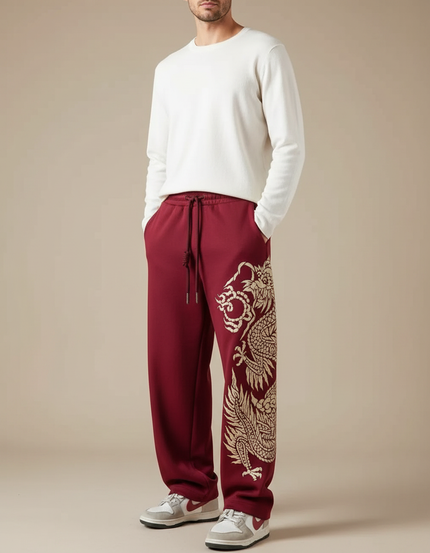 Pantalon Fluide Rouge Ample Dragon Chinois Décontracté Homme - Bordeaux Molleton