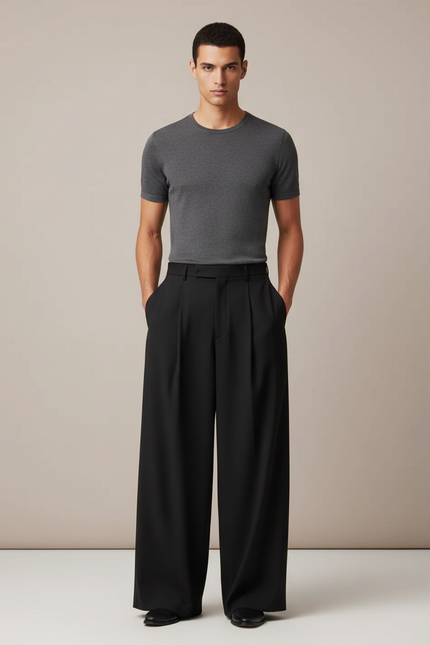 Pantalon Fluide Homme Noir Palazzo Viscose Chic Mi-saison - Polyester