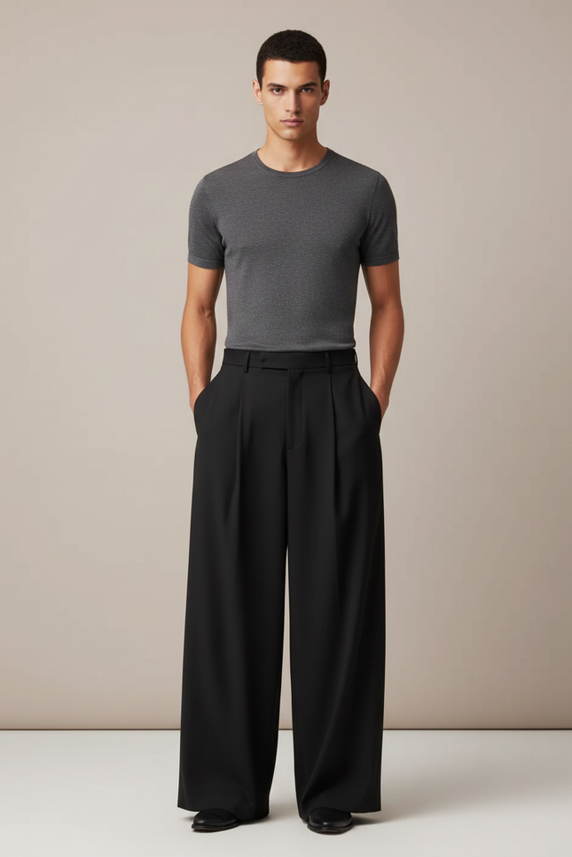 Pantalon Fluide Homme Noir Palazzo Viscose Chic Mi-saison - Polyester