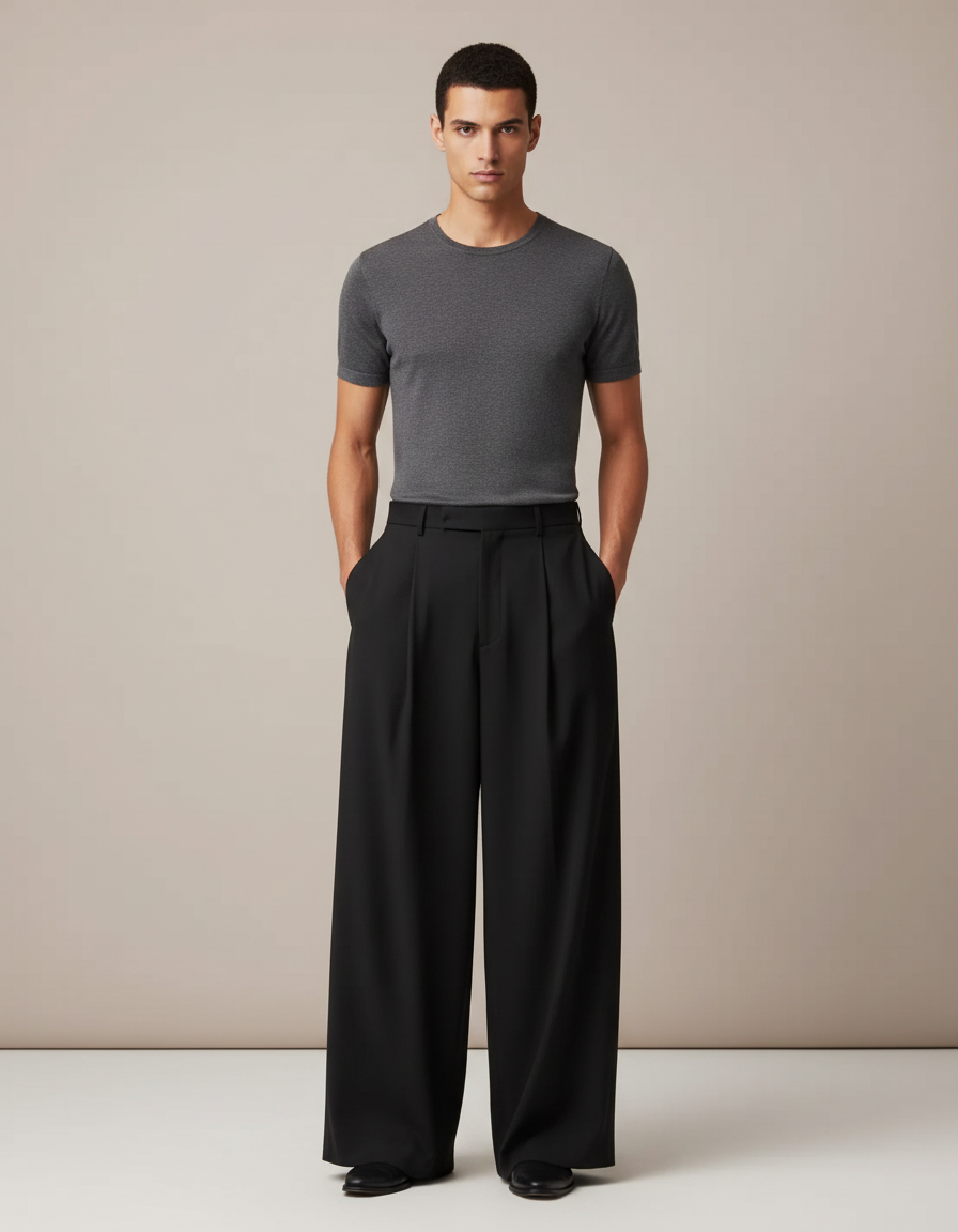Pantalon Fluide Homme Noir Palazzo Viscose Chic Mi-saison - Polyester