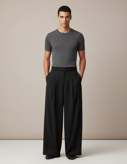 Pantalon Fluide Homme Noir Palazzo Viscose Chic Mi-saison - Polyester