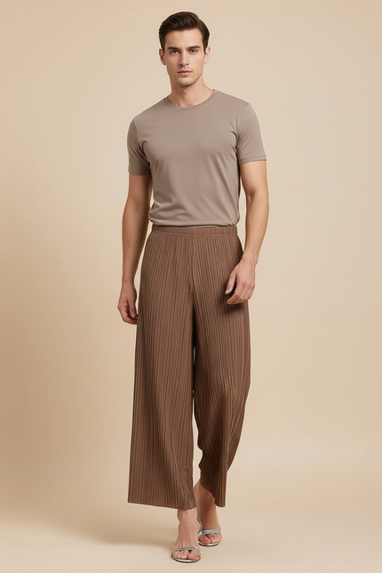 Pantalon Fluide Marron Plissé Ample Décontracté Homme - Polyester