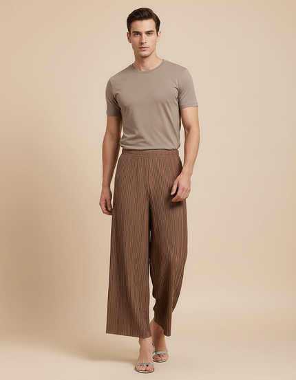 Pantalon Fluide Marron Plissé Ample Décontracté Homme - Polyester