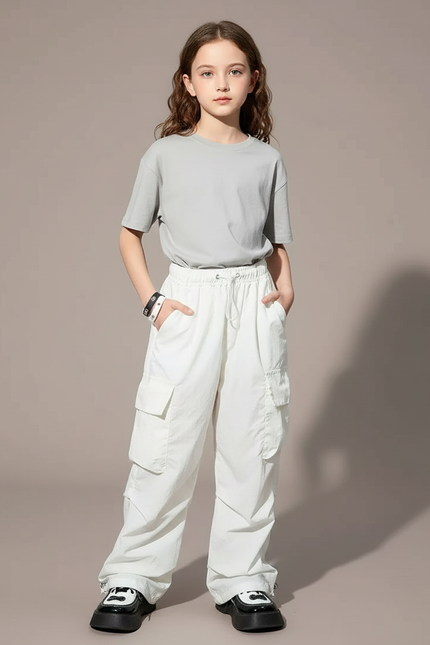 Pantalon Fluide Blanc Ample Cargo Décontracté Enfant - Polyester