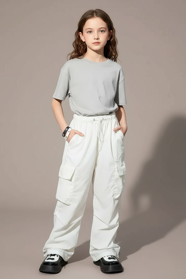 Pantalon Fluide Blanc Ample Cargo Décontracté Enfant - Polyester