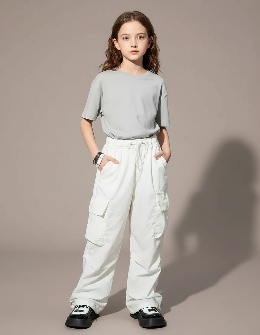 Pantalon Fluide Blanc Ample Cargo Décontracté Enfant - Polyester