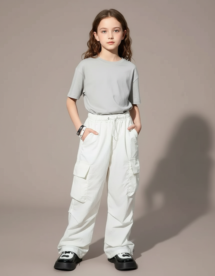 Pantalon Fluide Blanc Ample Cargo Décontracté Enfant - Polyester