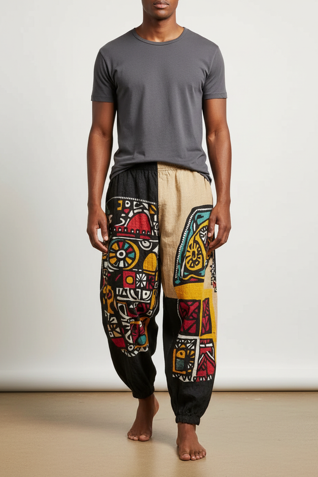 Pantalon Fluide Ethnique Ample Imprimé Tribal Coloré - Lin