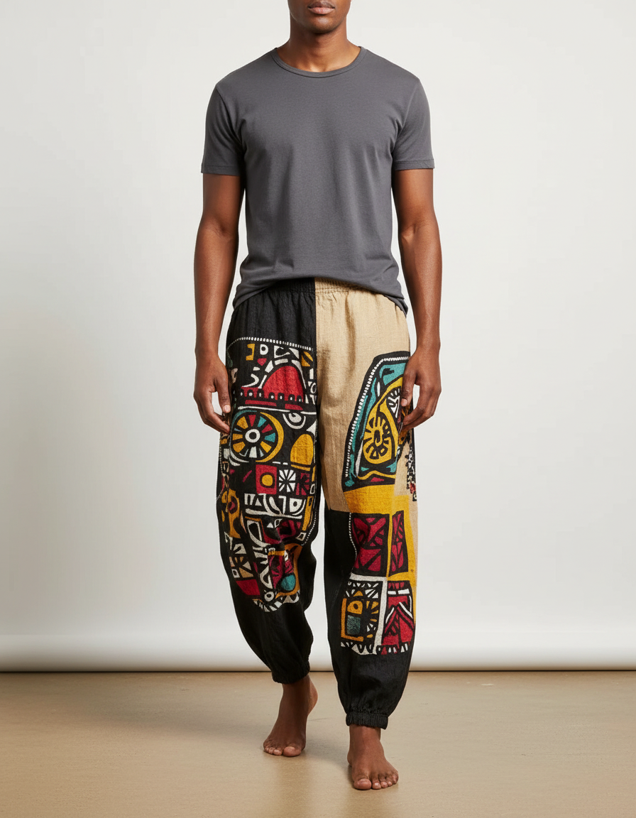 Pantalon Fluide Ethnique Ample Imprimé Tribal Coloré - Lin