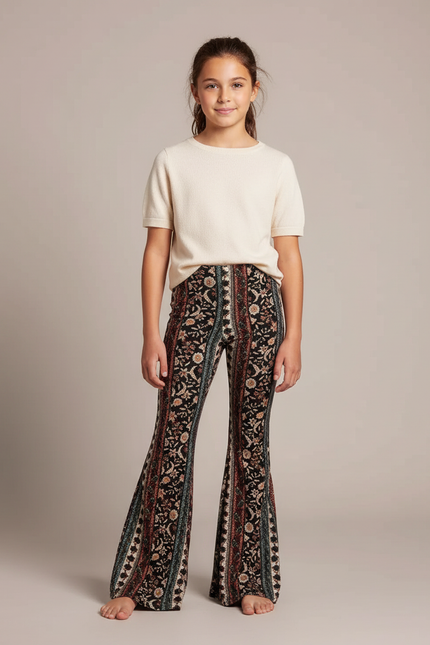 Pantalon Fluide Évasé Imprimé Bohème Floral Multicolore - Maille