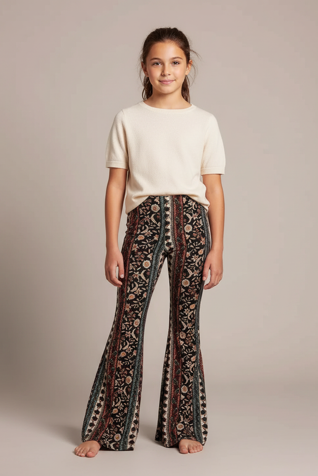 Pantalon Fluide Évasé Imprimé Bohème Floral Multicolore - Maille